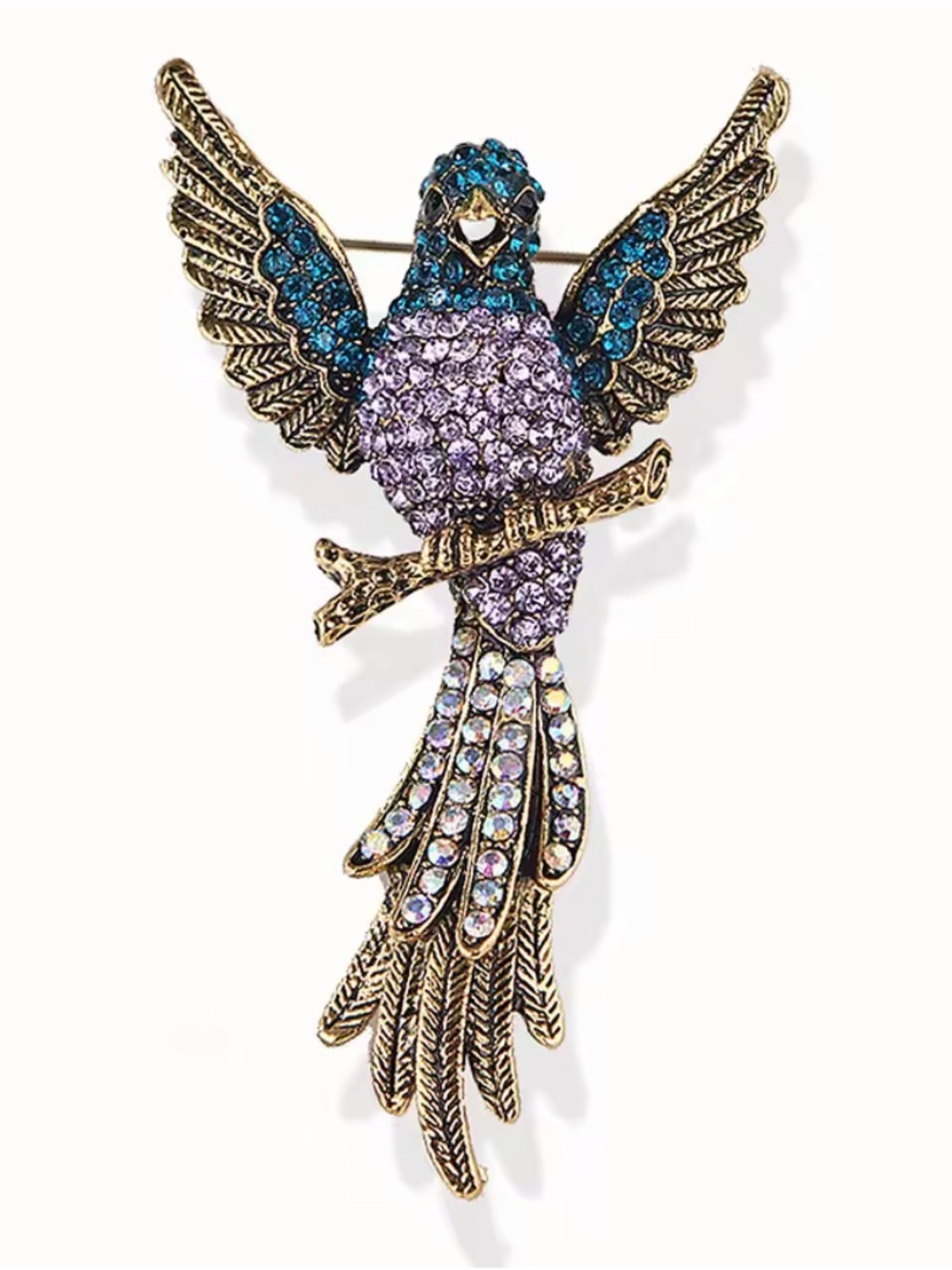 Vintage Rhinestone Hummingbird Bird Brooch in blue, purple and gold